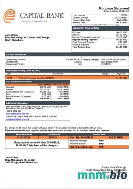 Macedonia Północna Capital Bank AD Skopje wyciąg z kredytu hipotecznego szablon Word i PDF